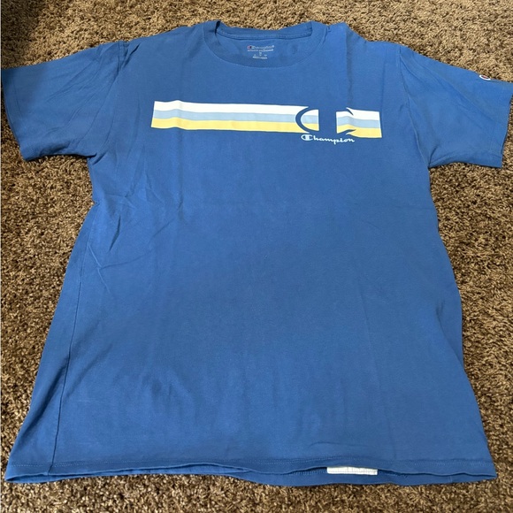 Champion Other - EUC Champion Shirt Blue Spell Out Logo Striped Short Sleeve Adult M Unisex